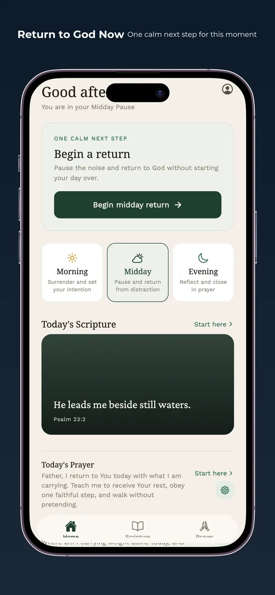 Anchored home screen showing today's calm next step